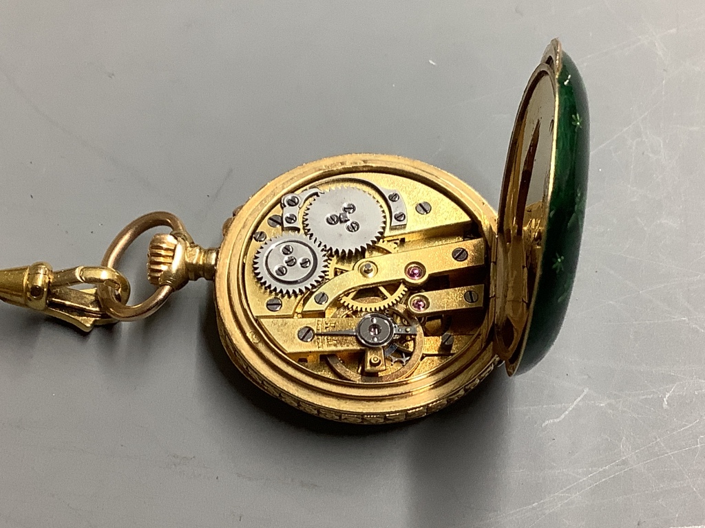 A lady's continental 18k and green enamel fob watch, on a yellow metal, enamel and gem set suspension brooch, modelled as a lizard (enamel a.f.)